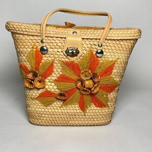 Vintage Woven Straw Rattan Tote Bag Purse Embroidered Leather Handles Hinge Lid